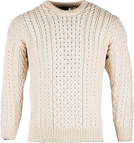 100% Natural Wool Crew Neck Aran Sweater Natural,X-Large #TOP1