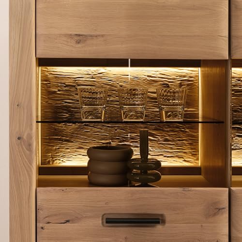 Lomadox Wohnwand Wohnmöbel Set Eiche teilmassiv 3-teilig, Vitrine, Wandboard, Lowboard – Bild 4