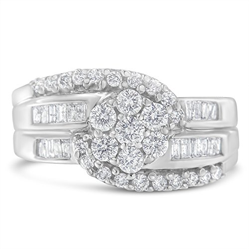 Original Classics 10K White Gold Round and Baguette cut Diamond Flower Bypass Ring (1 Cttw, H-I Color, I1-I2 Clarity) - Size 7