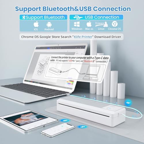 Image of vretti P83 Portable Printers Wireless for Travel, A4 Portable Thermal Printer, Mobile Inkless Printer Compatible with Phone & Laptop, Supports 8.5 x 11 US Letter for Car School Office Home Use, White