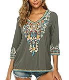 Higustar Women Girls Boho Embroidered Shirts Short Sleeve Casual Tops Blouse (Grey, S)