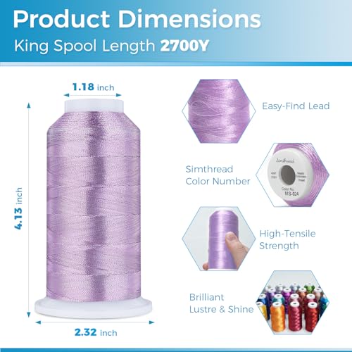 Image of Simthread 2700 Yards Metallic Embroidery Machine Thread - Pastel Violet MS-024, 40wt High-Sheen King Spool, Smooth Running & Break Resistant for Commercial & Home Embroidery Machines