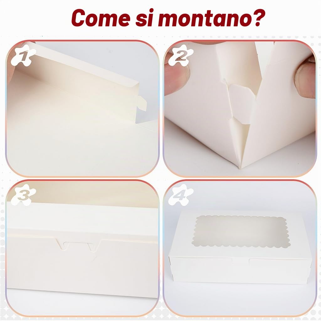 Scatola per Dolci da 24 Pezzi, 22,9 x 15,3 x 6,4 cm Scatola per Torte in Cartone Bianca con Finestra Trasparente per Feste di Natale Biscotti Pasticcini Muffin Confezioni Regalo