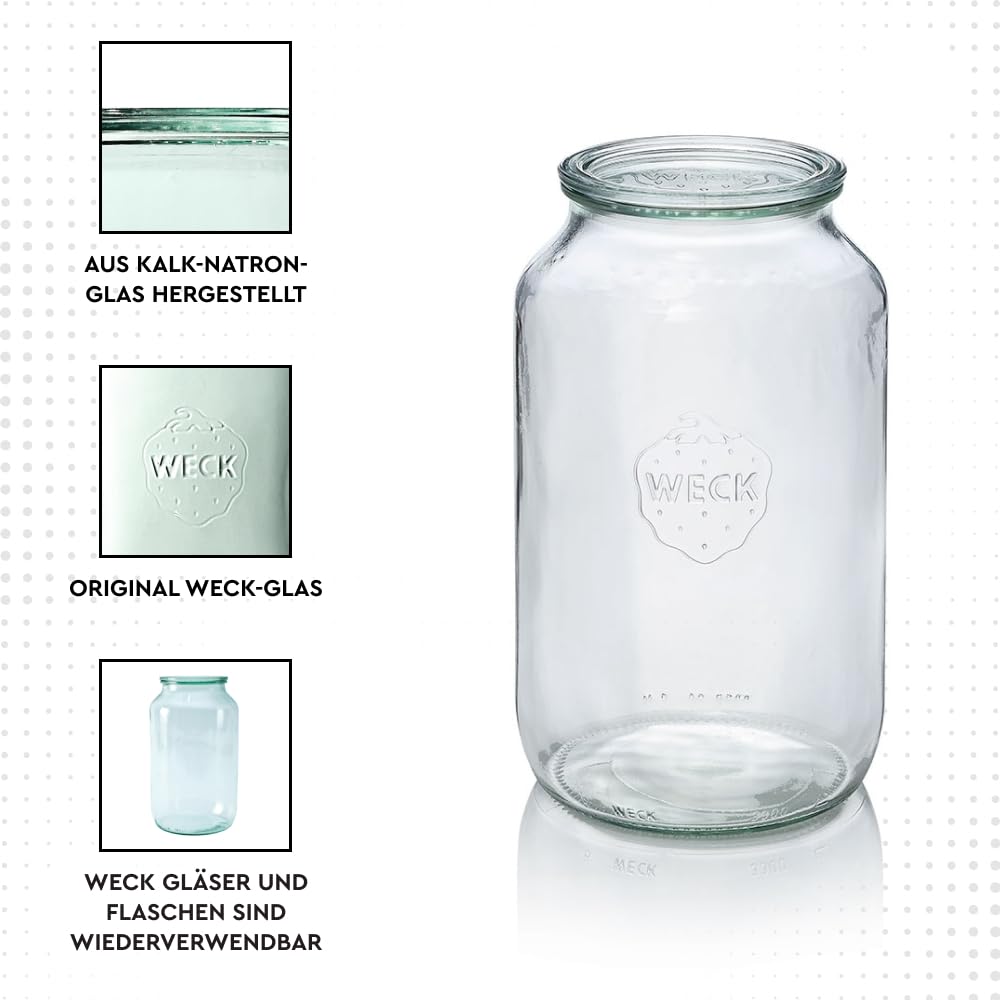 Weck Zylindrisches Glas 3000 ml 4 Stück | Glas mit Deckel | Zum Einmachen von Konserven, Säften, zur luftdichten Aufbewahrung von trockenen Zutaten