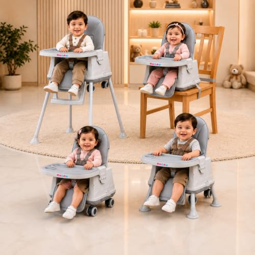 Image of Maa Love 4-in-1 Baby High Chair for 0-5 Years, Adjustable Height Feeding Chair with Detachable Tray, One-Hand Fold, Multifunctional High Chair (Grey)