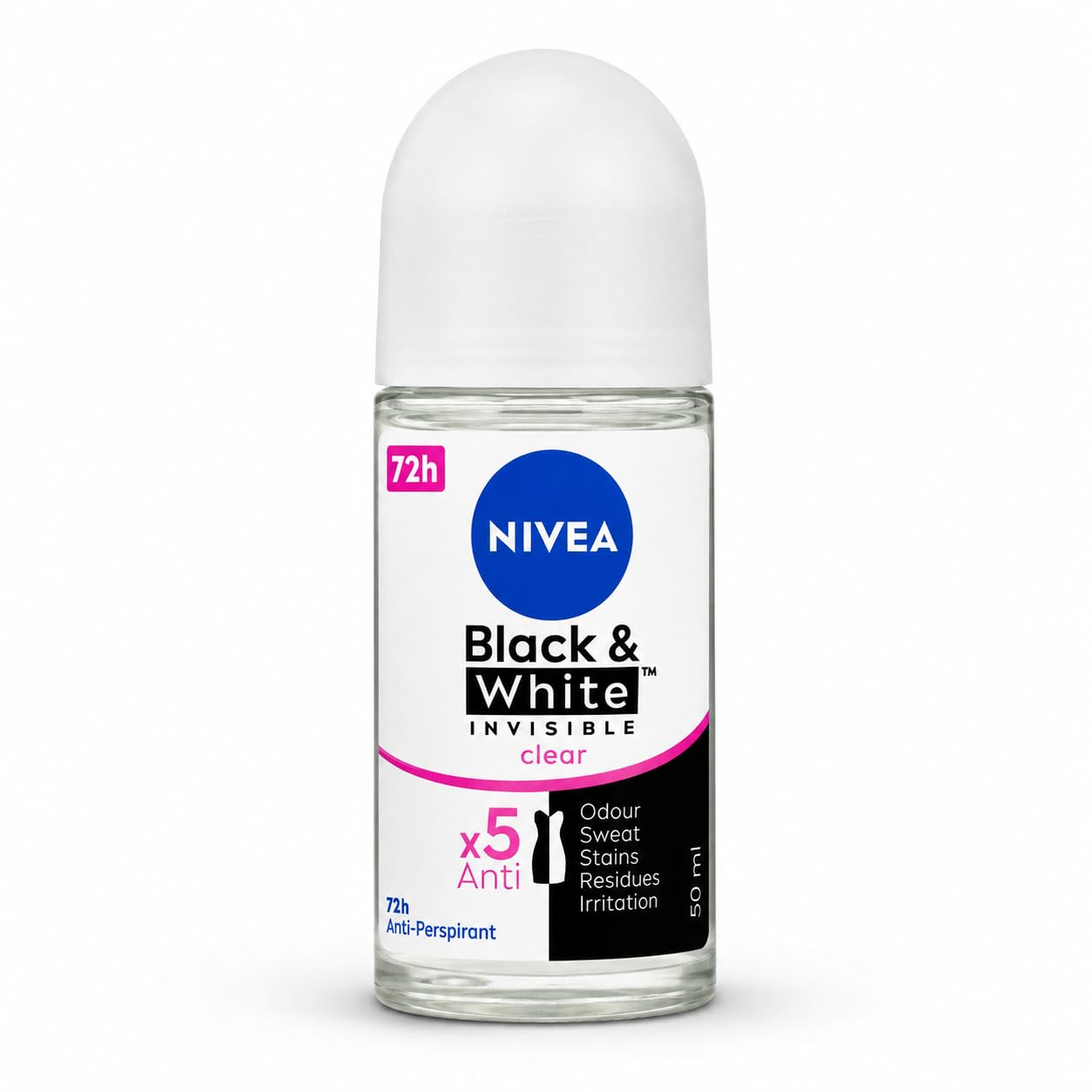Nivea Black & White Invisible Clear Anti-Perspirant Roll On 50ml | 5 in 1 Protection with 72H Sweat & Odor Control | Anti Stain Deodorant for Women-image-13