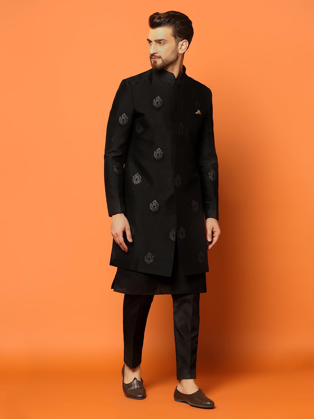 Kisah Men's Indo-Western Kurta Sherwani Trousers Set Cotton Silk Full Sleaves, Knee Length, Straight, Regular Fit, Mandarin Collar Ethnic Wear