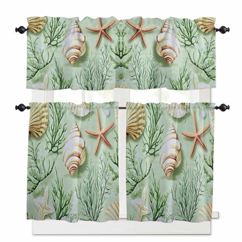 Sage Green Coastal Kitchen Curtains 24 Inch Length, 3 Piece Rod Pocket Small Half Tiers and Valance Set, Summer Ocean Seaweed Shell Small Large Window Treatment Decor for Bedroom/Bathroom Sink