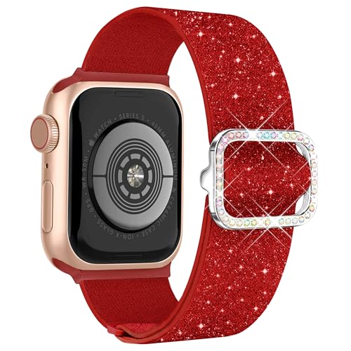 wipalor Sparkly Stretchy Nylon Red Band Fit Bling Apple Watch Bands for Women (42mm Series 10) 41mm 40mm 38mm Glitter Elastic Solo Loop iWatch Bands Series 11 10 9 8 7 6 5 4 3 SE-Bling Red
