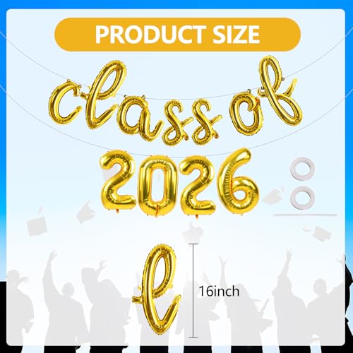 Image of TONIFUL Gold Cursive Class of 2026 Graduation Balloon Banners 2026 commencement Decor Grad Foil Balloons 2026 Congrats Grad Balloons for Class of 2026 Congratulation Graduation Party Supplies