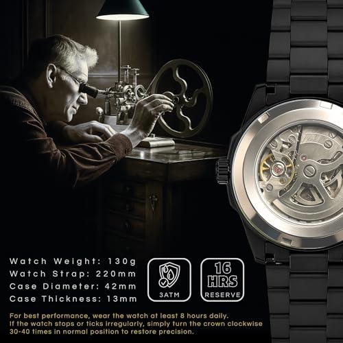 Image of 42MM Automatic Watch For Man, Mechanical Skeleton Roman Dial Black Watch | 30M Waterproof, Self Winding, Luxury Metal Watches Men With Open Back Case And Stainless Steel Chain