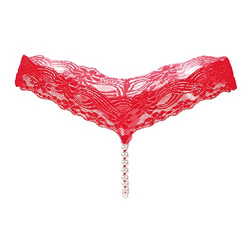 Women Elastic Lace Small Pearls Lingeries Thongs G Strings T Back Penties (red)