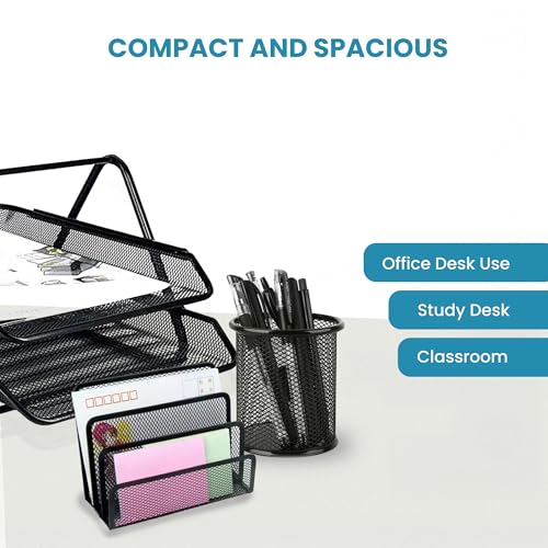 Image of The Better Home Office Desk Accessories Set of 5 Pen Holder, 2 Tiered Shelf File Freestanding Rack, Books Diaries, Paper Clips, Business Card Holder | Office Table Accessories Metal Mesh Design