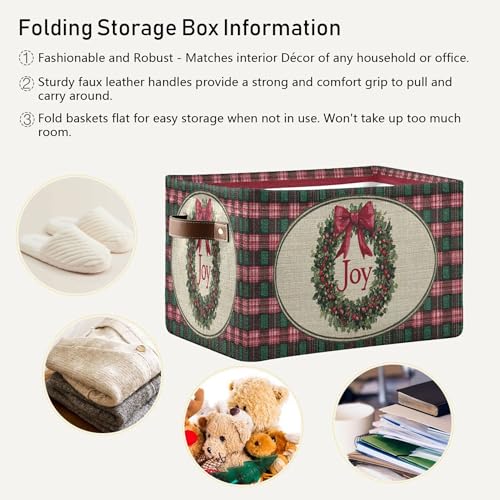 Image of Christmas Joy Wreath Bow Knot Storage Basket with Waterproof Liner and PU Handles Winter Poinsettia Buffalo Plaid Storage Bins Boxes 14.2 inch Collapsible Decorative Baskets for Bedroom Office 1 Pack