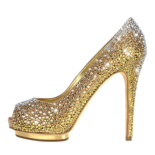 XYD Women Plated Platform High Heels Pumps Peep Toe Fancy Crystals Rhinestones Stilettos Gorgeous Evening Shoes2