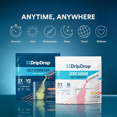 Image of DripDrop Hydration Packets - Sunburst Variety Pack - Single Serve Electrolytes Powder Drink Mix - Lemon Lime, Strawberry, Peach, Black Cherry - Non-GMO, Gluten Free, Vegan - 16 Sticks