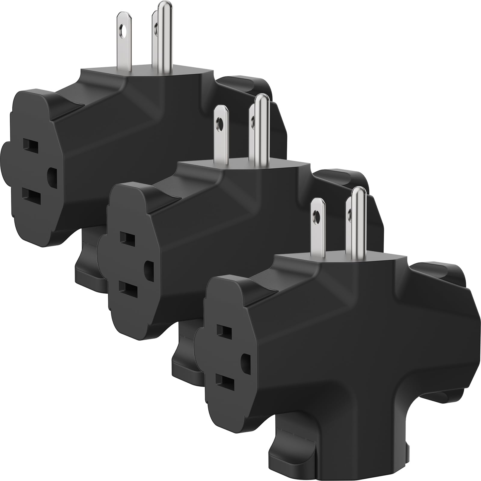 PLUGTUL 3 Way Plug Adapter, 3 Plug Wall Adapter, 3 Prong, Grounded, 15A, 1875W, Multiple Plug Expander for Home, Outdoor, ETL Listed, Black, 3PACK