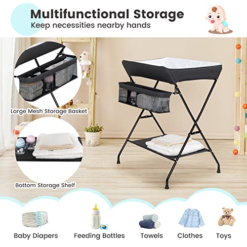 Image of HONEY JOY Changing Table, Folding Nursery Organizer with Open Shelf & Safety Belt, Portable Diaper Changing Station for Newborn (Black, Basic)