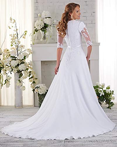 Miao Duo Women's Elegant Lace Beach Wedding Dresses for Bride 2023 with Sleeves Wedding Bridal Gowns Style012