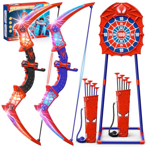 Giocattoli per 3-12 Anni Bambino, 2 Arco e Freccia Ragno con Luci LED Rosse e Blu, Bersaglio a Forma, 2 Ragno Faretre,...
