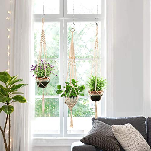 GothicBride Macrame bloemenhanger, set van 4, boho-decoratie, katoenen touw, vintage decoratie, katoenen touw, bloempot, hangend, voor balkon, raam, decoratie, binnen en buiten (beige) - Afbeelding 2