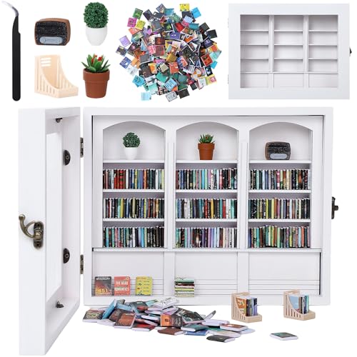 CapyBud Anxiety Bookshelf Mini Books Display for Stress Relief and Fun Decor Small Decorative Miniature Library Potted Plants Mini Radio for Book Lovers Gifts Home Office Decor White Large