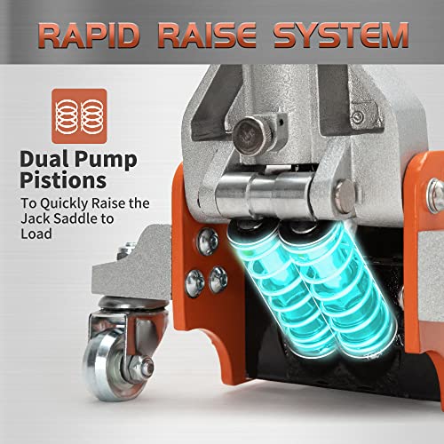 TONDA Low Profile Floor Jack, 2 Ton Aluminum and Steel Hydraulic Car Jack with Dual Pump System, Rapid Lift, Orange - Image 3