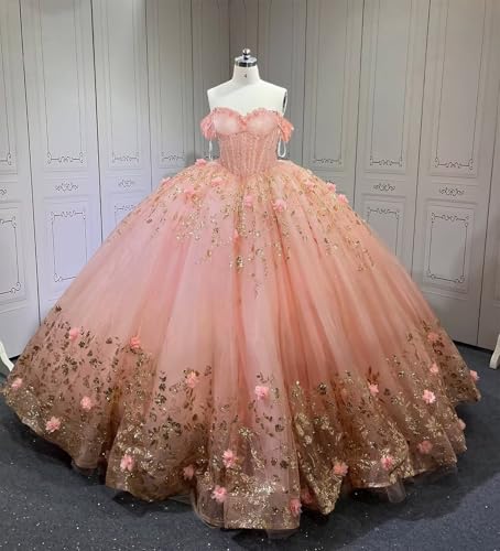 Mauuwy Gold Lace 2 in 1 Quinceanera Dresses Ball Gown Off Shoulder 3D Floral Sweet 15 16 Dresses Tulle Prom XV Dresses3