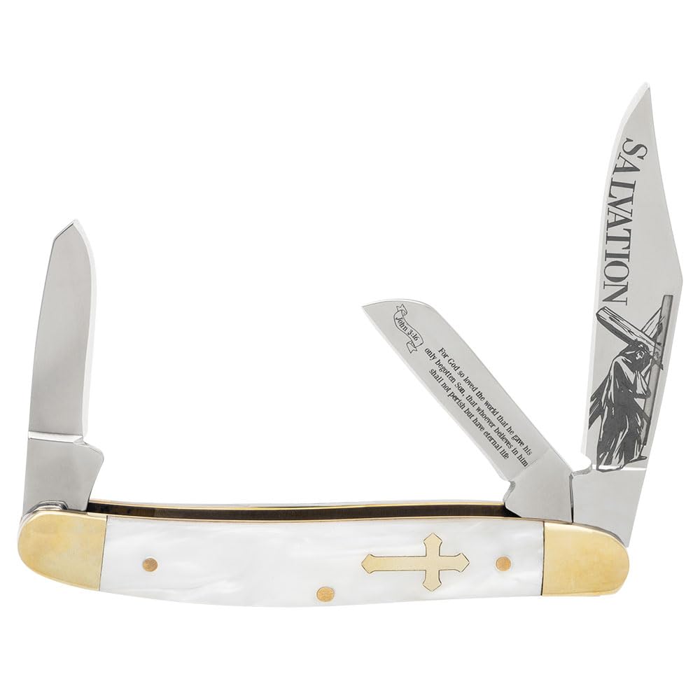BUDK Christian Pearl Stockman Pocket Knife | Three Stainless Steel