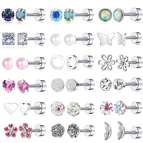 18 Pairs Titanium Surgical Steel Stud Earrings for Women Men Star Moon Flower Heart Leaf Opal CZ 20G Screw Flat Back Earrings Hypoallergenic Flatback Earring for Sensitive Ear