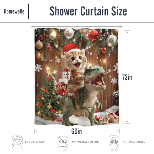 Image of Merry Christmas Shower Curtain Cat Funny Xmas New Year Winter Holiday Cute Riding Dinosaur Snowflake Pine Tree 60Wx72H Inch Funny Cartoon Waterproof Polyester Fabric Bathroom Bathtub