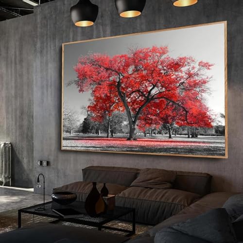 Peinture murale arbre rouge toile paysage d'automne 50x70 cm
