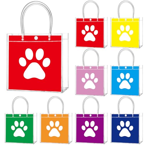 Image of Teenyyou 24 Pcs Dog Paw Clear PVC Gift Bags with Handle Puppy Party Favor Reusable Plastic Wrap Tote Goodie Candy Treat Gift Bags Transparent for Puppy Pet Theme Birthday Party Supplies