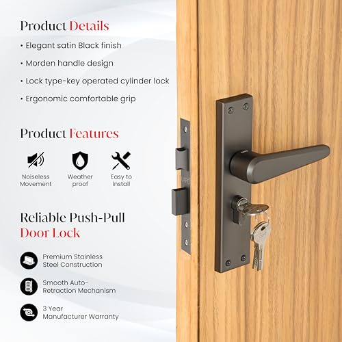 Image of LAPO Mortise Door Lock for Home Main Door & Bedroom with Handle | 45x45mm Body | Heavy-Duty 60mm Cylinder | 3 Brass Keys | Left-Right Fit 30-50mm Door Home Office Hotel | Black Finish | CY-164
