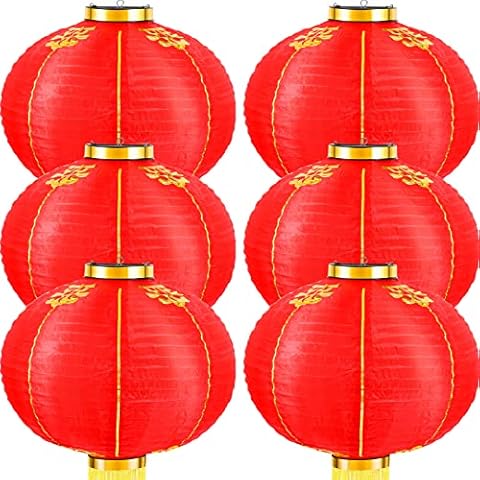 Hortsun 6 Pcs Chinese Red Lanterns Chinese New Year Decorative Lanterns Red Silk Fabric Lanterns with Golden Tassel for Chinese Spring Festival Celebration Wedding Hanging Decorations (20 Inch) Cover