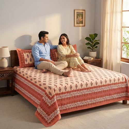 Image of Mafatlal 144 TC Heritage 100% Cotton Traditional Jaipuri Print Queen Size Bedsheet (90x108 Inches) with 2 Matching Pillow Covers - Flat, Garnet Red