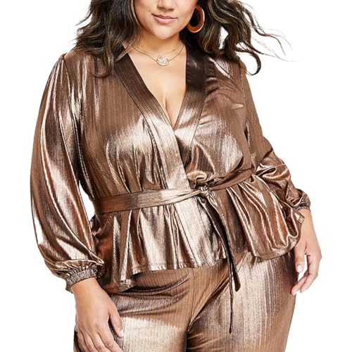 Nina Parker Womens Plus Metallic Belted Wrap Top