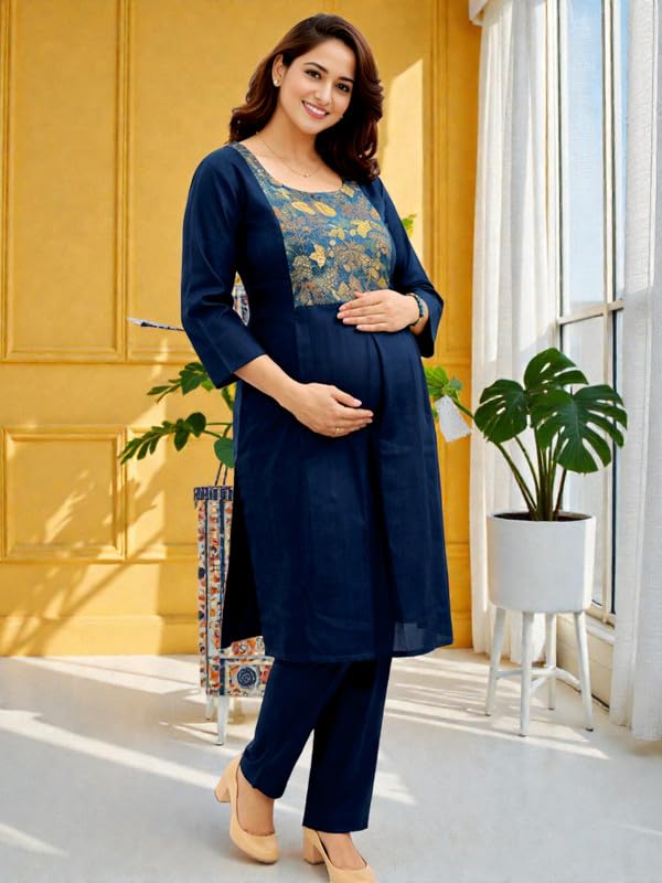 Image of RITIJYA Pure Cotton Feeding Kurta Pant Set for Women | Floral Anarkali Pregnancy Dress with Concealed Nursing Zipper Side Pocket | Pre & Post Partum | Maternity Dresses | Baby Shower Outfit