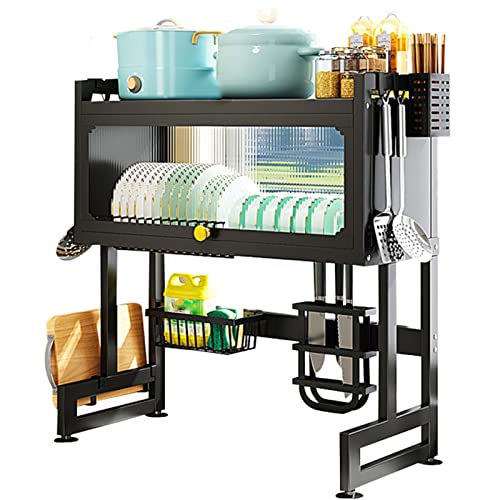 Escurreplatos Premium de 2 Niveles para sobrefregadero - Espacioso con Tapa. Escurridor versátil para Cocina. Ahorra Espacio, Resistente al óxido. Estante Negro para una Cocina organizada. (Negro, 6