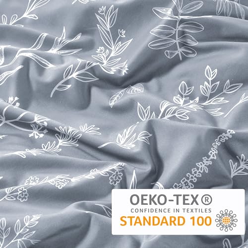 MUXHOMO Duvet Cover King Size, Reversible Floral Grey Duvet Cover Set with Zipper Closure, 3 Pieces Botanical Patterns Soft Microfiber Bedding Set (90"x104", 2 Pillow Cases 20"×36")