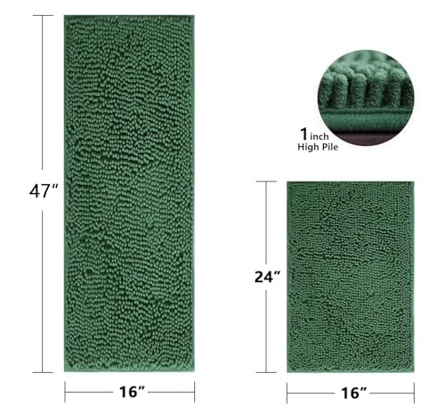 Image of BOANKODU Bathroom Rugs Sets 2 Piece,47X16+16X24Inch,Absorbent Non-Slip Very Soft Chenille Mat,Machine Washable (Dark Green)