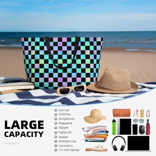 Large Beach Bags for Women Sandproof - Iridescent Checker Print Summer Work Travel Tote Bags with Zipper4