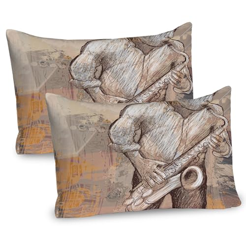 Ambesonne Music Pillow Sham Set of 2, Jazz Musician Playing The Saxophone Solo in The Street on Grunge Background Art Print, Quality Microfiber Bedding Item for All Seasons, 30