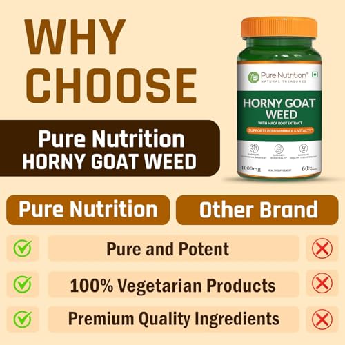 Image of Pure Nutrition Horny Goat Weed with Maca Root Extract 1000mg - 120 Veg Capsules (60 X 2) | Supports Energy, Stamina, Bone & Hormonal Health