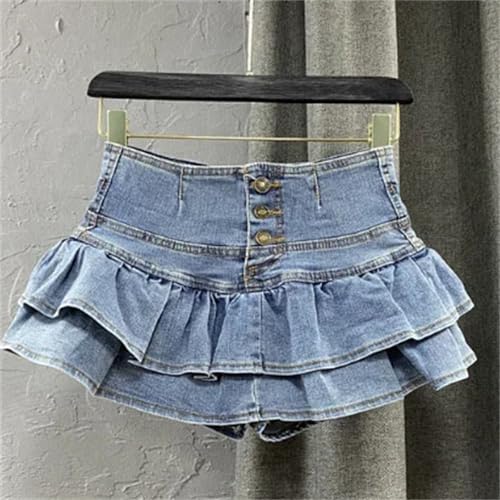 Mini Skirts for Women Summer High Waist Single-Breasted Pleated Ruffles Denim Jean Skirt Solid Color with Pockets4