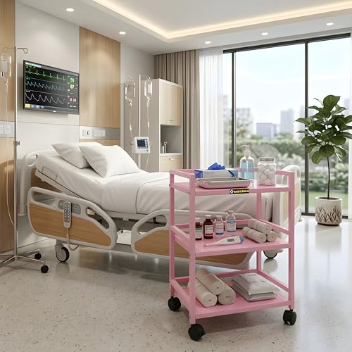 Image of 3 Tier Surgical Trolley with Wheels for Hospital & Clinic, Medical Utility Cart, Rolling Instrument Trolley with Lockable Caster Wheels, Metal Medical Storage Rack for OT, ICU, Dental