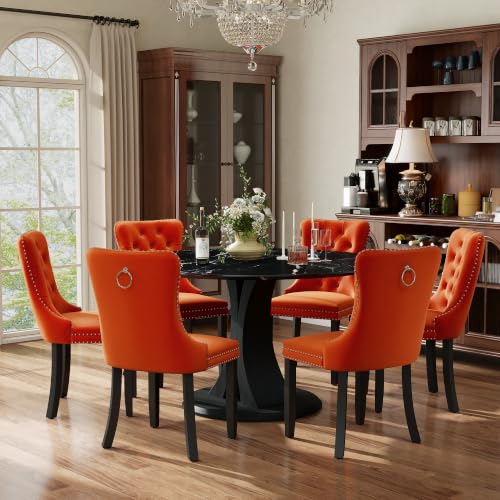 Image of 7-Piece Dining Table Set for 6 with 47 In Black Faux Marble Round Table | Circle Dining Room Table with 6 Velvet Upholstered Chairs, Modern Scandinavian Furniture for Dining Room Kitchen (Orange)