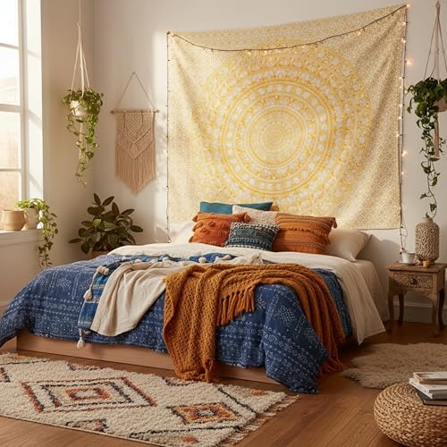 Image of Craft Trade 90x108 Inches King Psychedelic Yellow Cotton Mandala Ombre Wall Hanging Tapestry