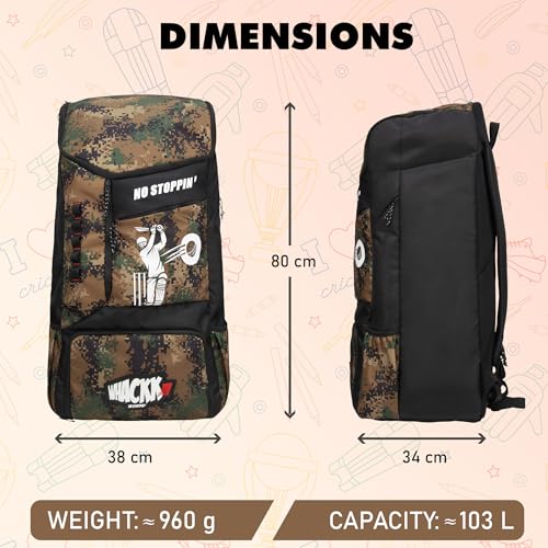 Image of WHACKK Kallis 103L Unisex Cricket Kit Bag Backpack | Adult Size | 2 Bat | Shoe /Helmet Pocket | Main Compartment 18 inch Leg Pad |2 Bottle Holder | Easy Access Pocket | Player Edition Senior (Marpat WL)