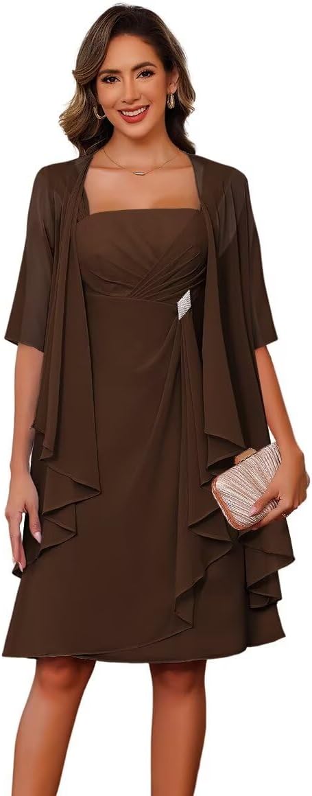 Square Neck Mother of The Bride Dresses with Jacket 2026 Chiffon 2 Piece Formal Evening Gown CLN015